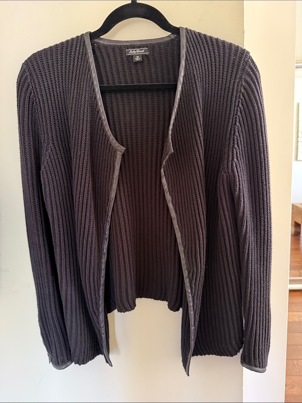 Lucky Brand Open-Front  Knit Cardigan with leather trim